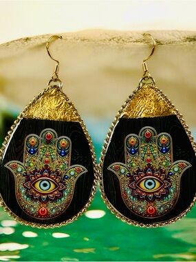 Gold Hand Of FatimaDrop Earrings with Multicolor Eye Accent